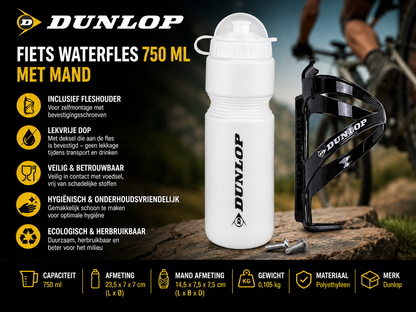 Witte DUNLOP Fiets Waterfles 750 ML met Fleshouder