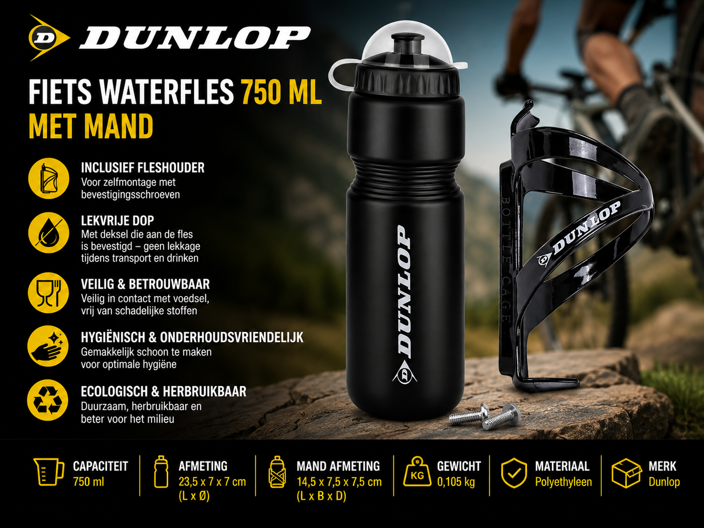 Zwarte DUNLOP Fiets Waterfles 750 ML met Fleshouder