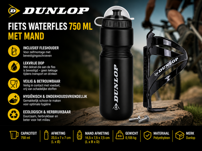 Zwarte DUNLOP Fiets Waterfles 750 ML met Fleshouder