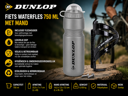 Grijze DUNLOP Fiets Waterfles 750 ML met Fleshouder