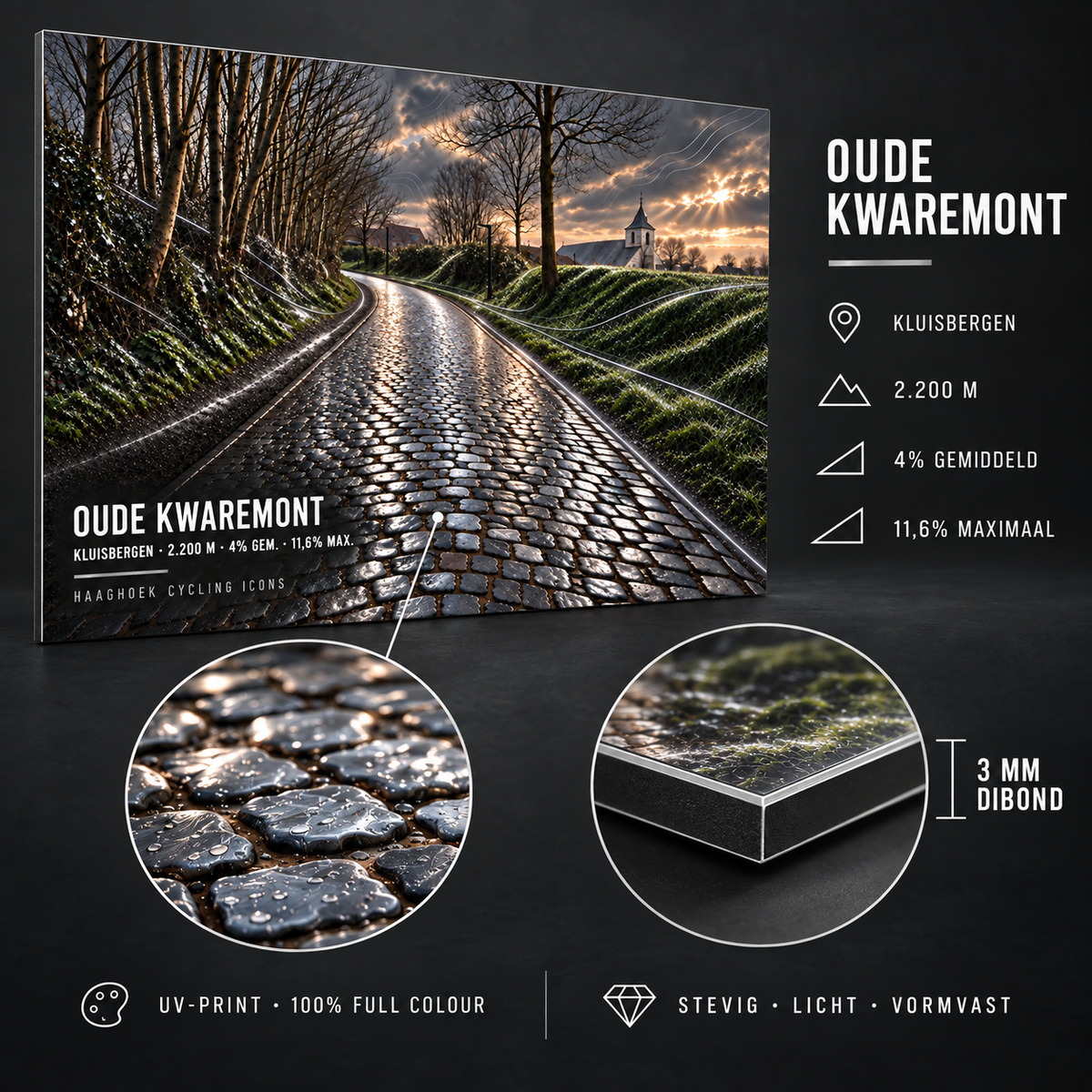 Oude Kwaremont Cycling Icon – Wielerkunst op Dibond