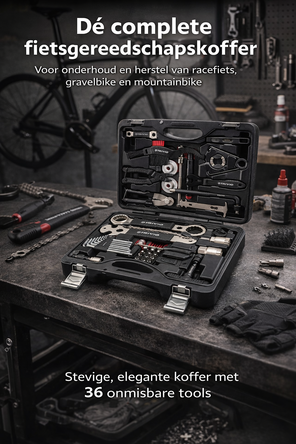 Complete professionele gereedschapskoffer voor fietsherstel en onderhoud.