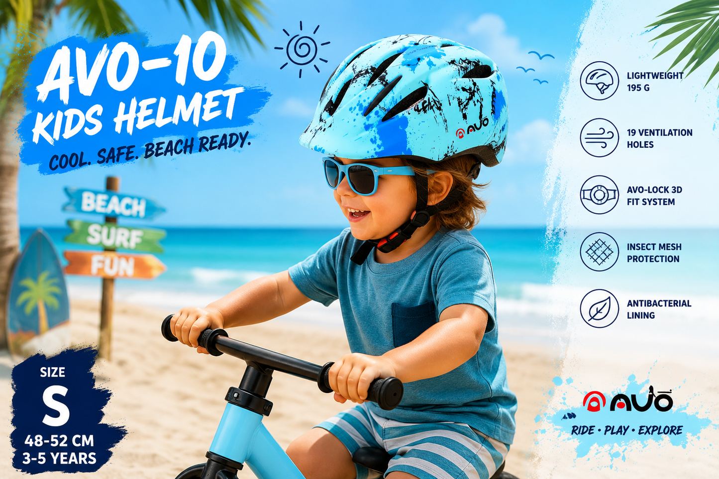 Kinderfietshelm AVO Beach S 48-52 cm | 3 tot 5 Jaar