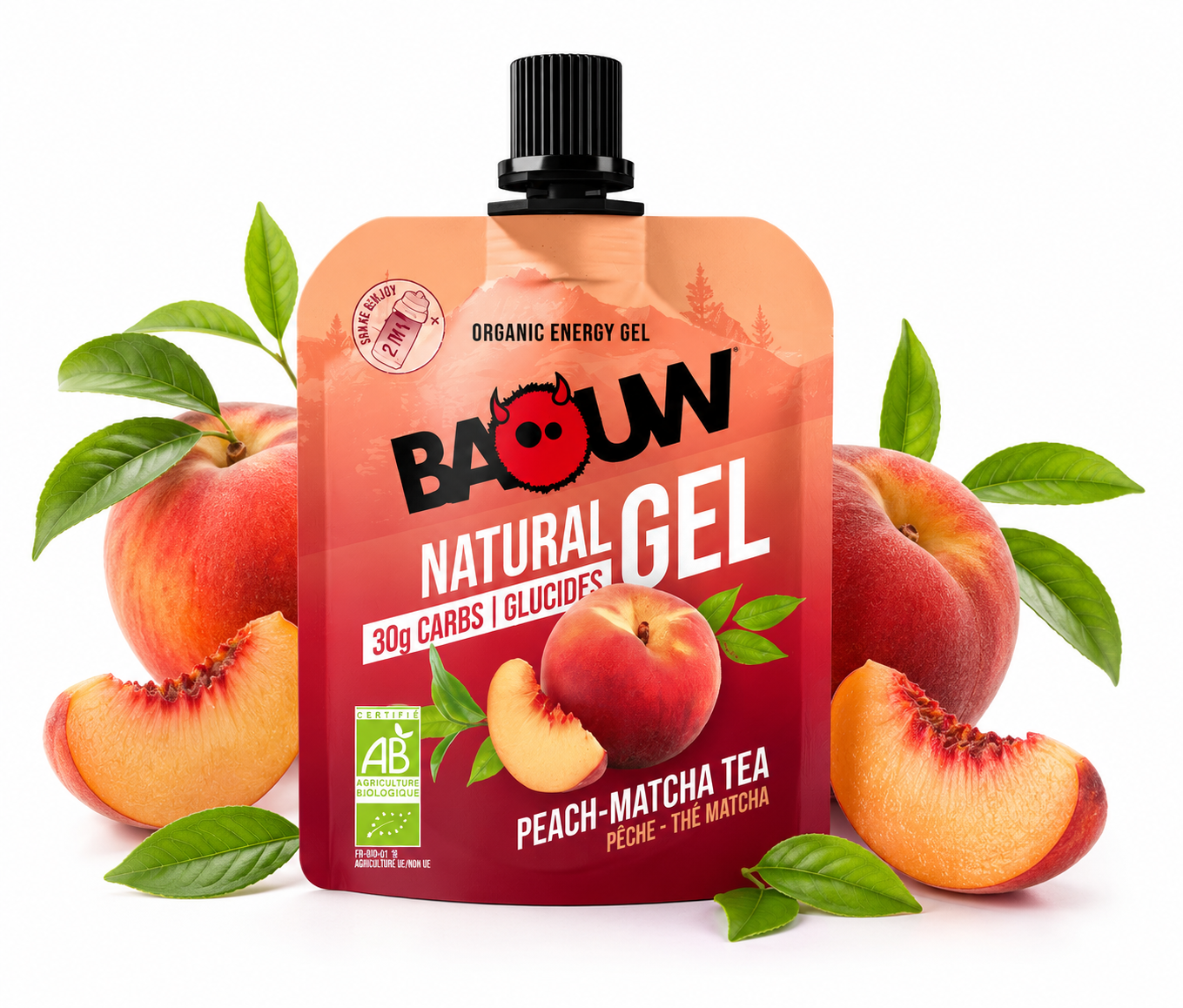 Baouw Energy Gel Peach Matcha Tea – Fruitige energie met natuurlijke focus