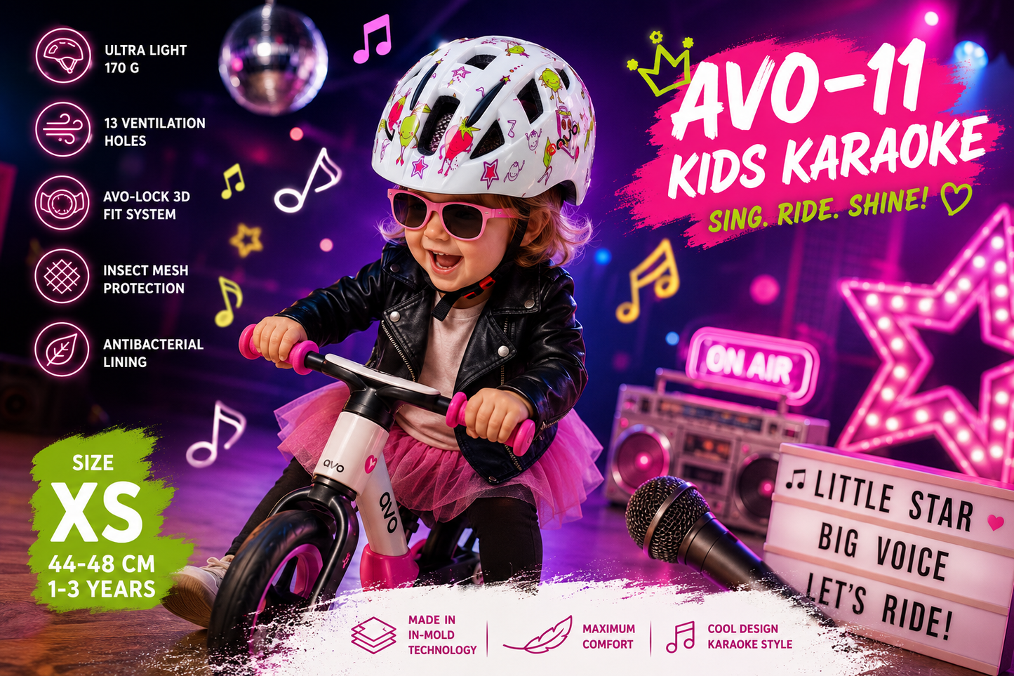 Kinderfietshelm AVO Kids Karaoke XS 44-48 cm  1 tot 3 jaar